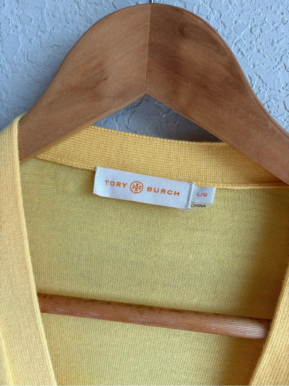 Tory Burch Merino Wool Cardigan Large Yellow Logo Button V-Neck Sweater